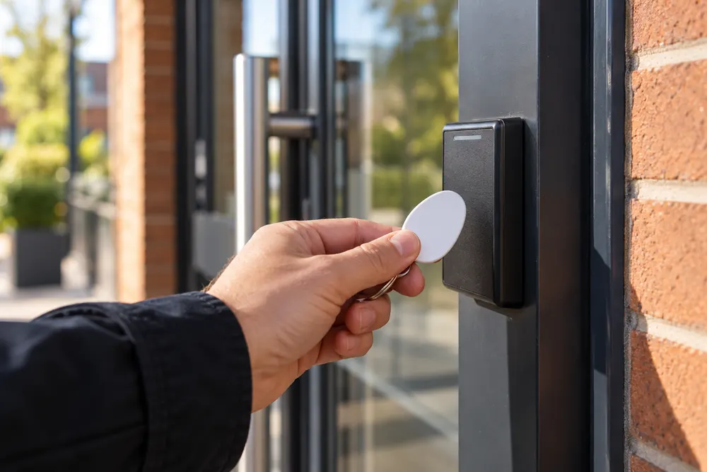 An access fob presented to a commercial entrance card reader