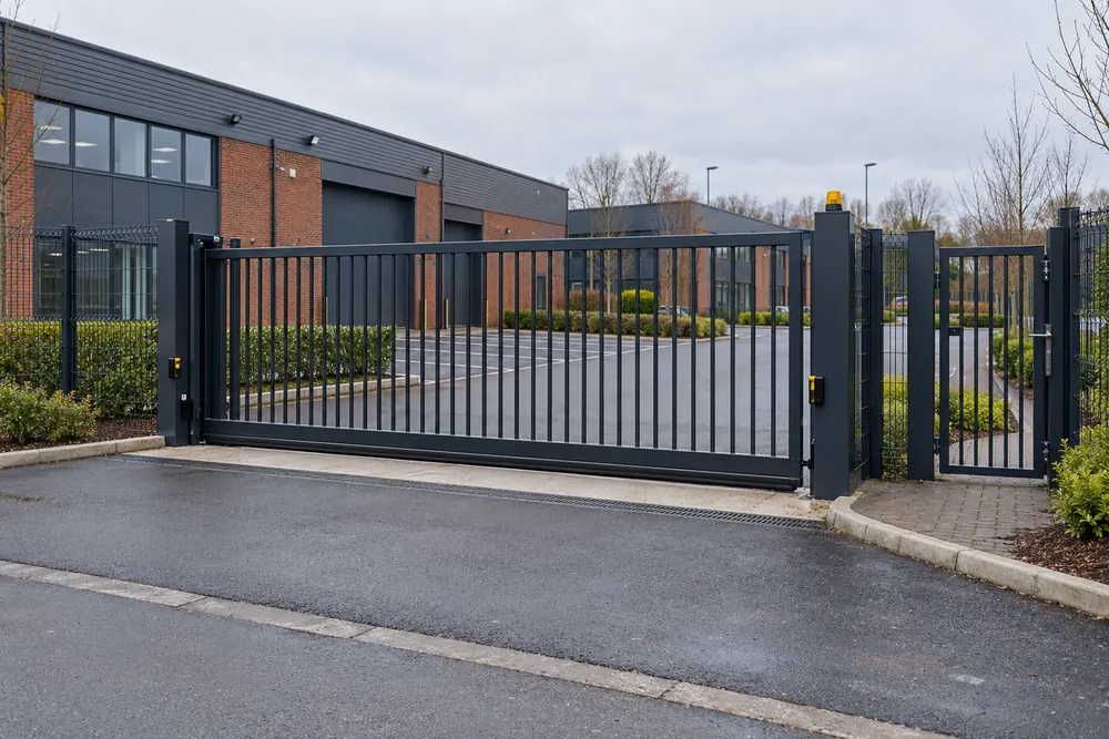 A sliding commercial vehicle gate with a separate pedestrian entrance