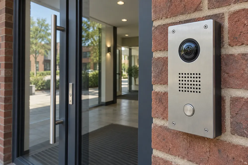 A commercial video intercom panel beside a brick office entrance