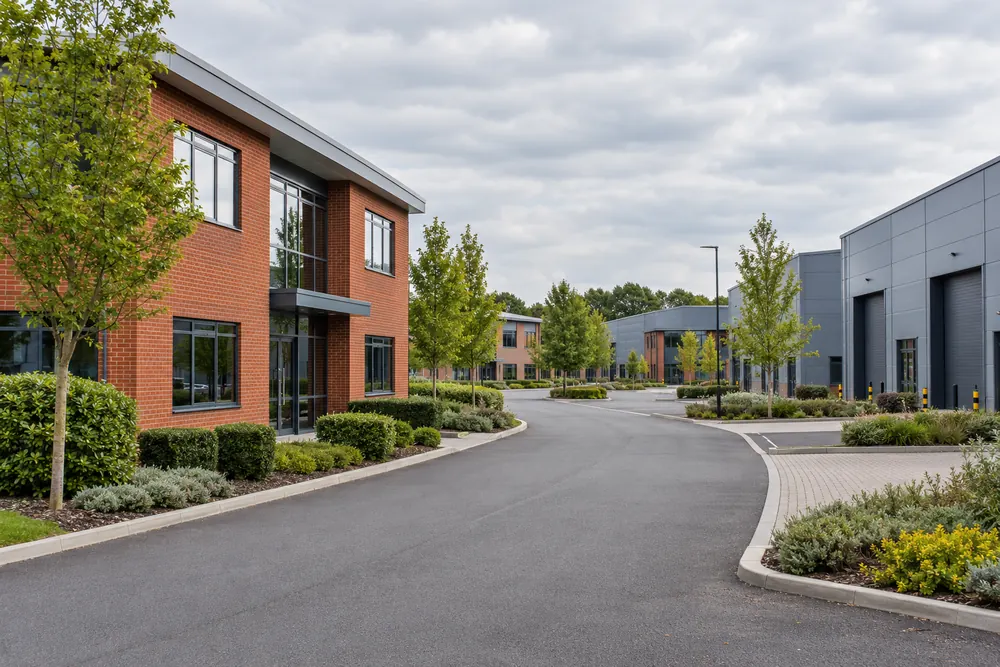 Commercial buildings and access road in a Midlands business park