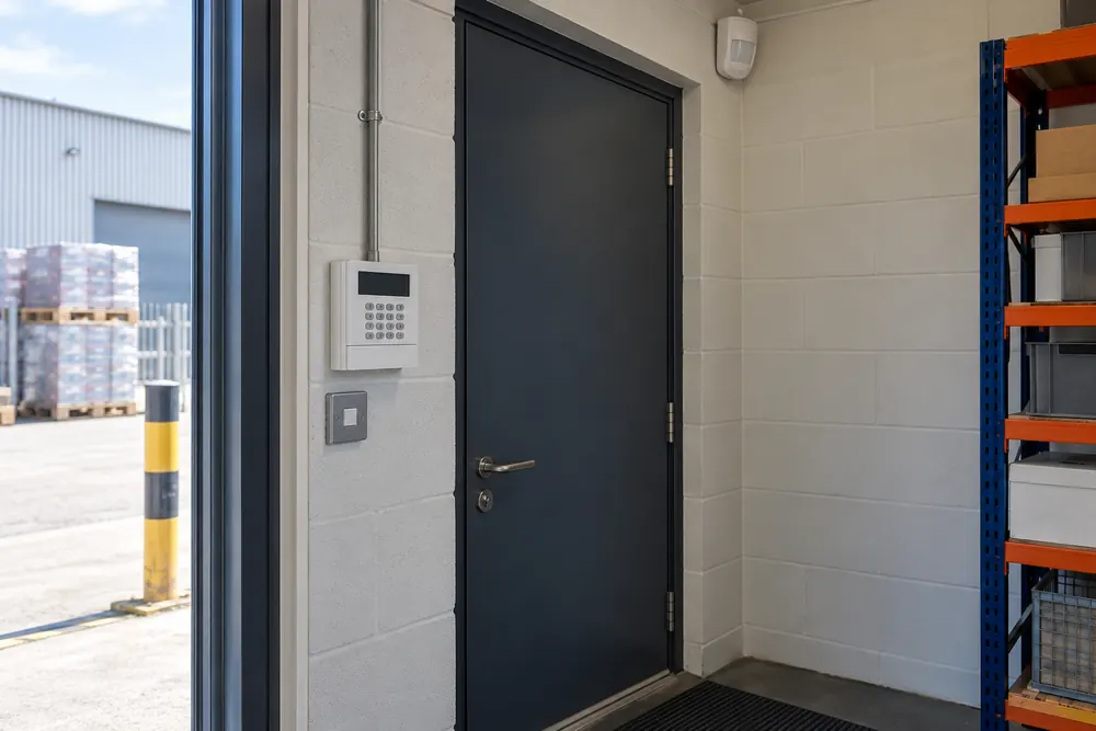 An intruder alarm keypad and movement detector at a warehouse staff entrance